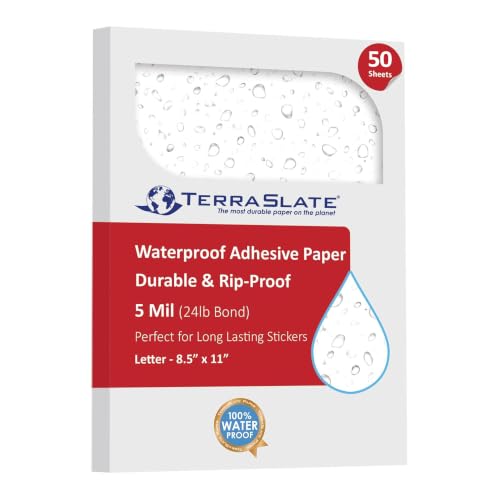 TerraSlate Waterproof Sticker Paper | 5 Mil Permanent Adhesive Labels | Printable Sticker Paper for Laser Printer, Copy Machine & Digital Press (Letter - 8.5" x 11", 50 Sheets)