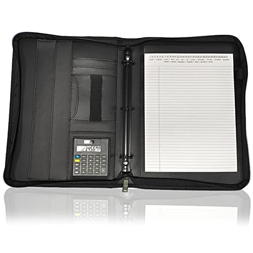 ZXHFSH Document Organizer Folio,Leather Binder, A4 Padfolio Portfolio 3-Ring Organizer Binder PU Leather Folder Business Document Notebook Zippered Portfolio for Women/Men(Black C)