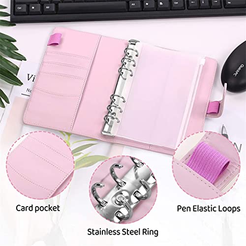 ONMYJFD A6 PU Leather Binder Budget Cash Envelopes System Planner Organizer with 12pcs Binder Clear Zipper Pockets and Label Stickers(C)