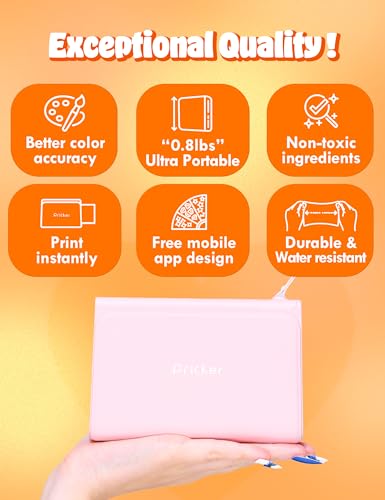 Pricker+ Photo Sticker Printer | 6PASS Multi Wireless Portable Printer for Phone | Mini Photo Printer w/ 10 Sheets + Label 10 Sheets | Customizable Color Sticker Printer 2.56 x 3.57 Inch (Pink)