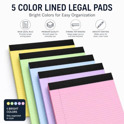 5 Pack Wide Legal Pads 11 x 9.5 Landscape Colored Legal Pads, College Ruled Note Pads with 30 Perforated Sheets, Thick Writing Paper, Durable Backboard, Horizontal Notepads for School Office Home
