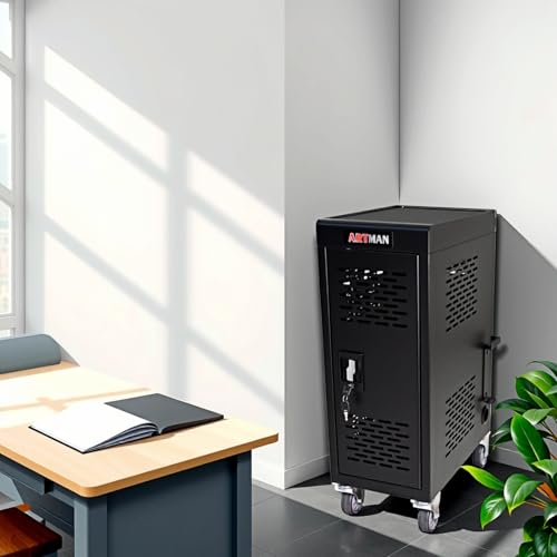 Portable Charging Cabinet for 16 Devices, Cold Rolled Steel, Fits 14-Inch Screens, Secure Charging Station with Lock & Key, Power Strips,, for classroom, library, clinic, office and more (Black)