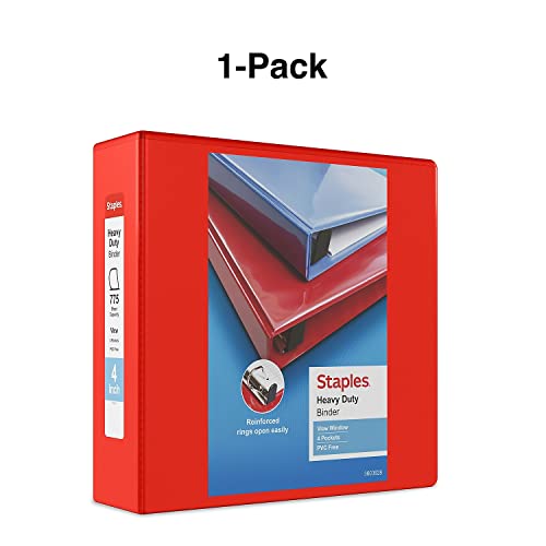 Staples Heavy-Duty 4-Inch D-Ring View Binder, Red, 800 Sheets
