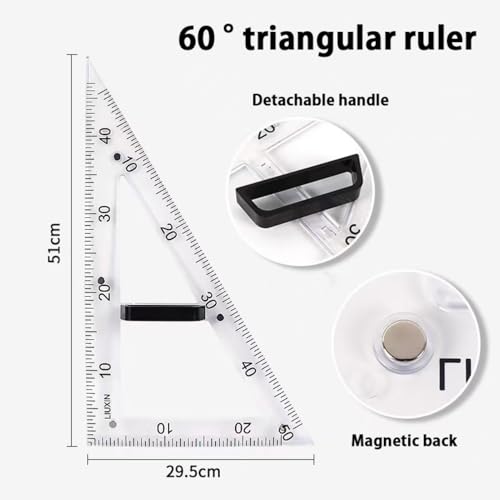 Magnetic Geometry Tool Set Clear Drafting Tools Mathematics Protractor, Triangular Scale Ruler Math Classroom Teaching Measurement Set Oversized Ruler (Transparent 3-Piece Set)