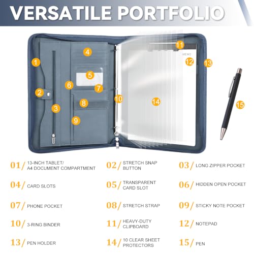 Leathario Portfolio Binder, Padfolio Organizer, 3 Ring Binder with Zipper