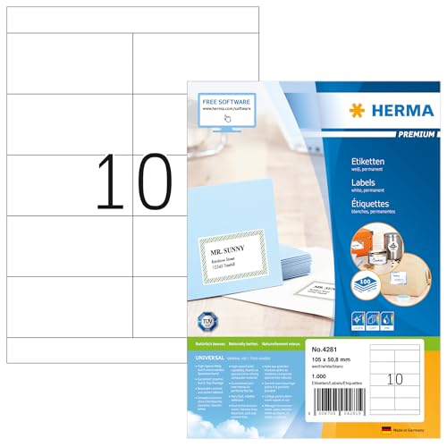 Herma Self Adhesive Multipurpose Labels, 10 Labels per A4 Sheet, 100 Sheets, 105 x 50.8 mm, 1000 Labels, Blank Universal Labels Stickers, Sticky Labels for Laser & Inkjet Printer, White