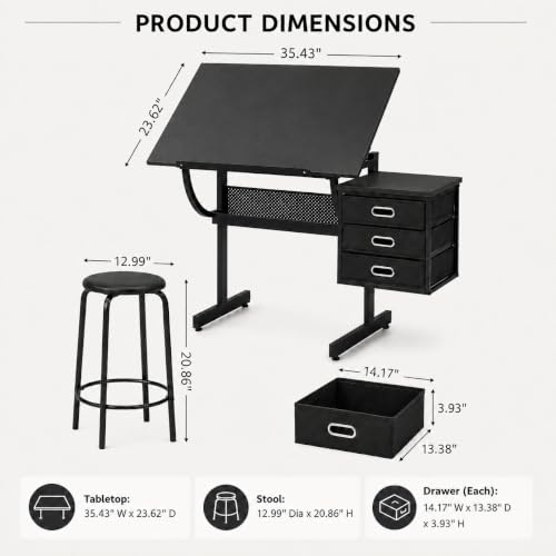 Beuiosda Drafting Table with Stool, 3 Storage Drawers, Black