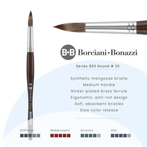 Borciani e Bonazzi Unico Synthetic Mongoose Artist Paint Brush - Series 800 Round - Size #20 - Watercolors, Oil & Acrylic Paint - Handcrafted in Italy, Anti-Roll Design, Ergonomic Medium Handle