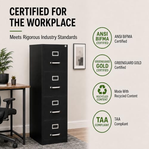 Scranton & Co 4-Drawer Metal Vertical Filing Cabinet, 22 in Depth, Black Finish, Letter Width, Durable Steel Construction, Locking Mechanism, Compact Design for Office or Home Workspace Storage