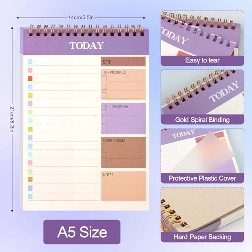 A5 Undated Daily Planner, Spiral‑Bound To‑Do List Notepad(2 Packs,)