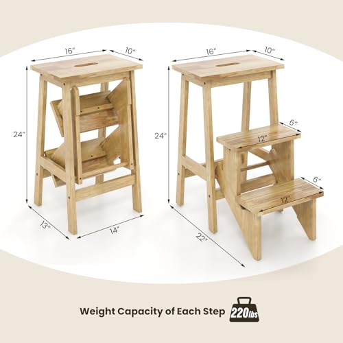 GLACER 3-Tier Folding Step Stool, Portable Wood Step Ladder for Adults & Kids, 3-in-1 Storage Shelf Flower Rack Foot Stool, Ideal for Home, Kitchen, Library (Natural)