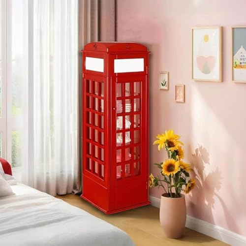 LJLYYDS Wooden Telephone Standing Bookshelf Vintage,5-Tier Wood London Telephones Booth Storage Shelf Cube,Floor Standing Telephone Booth Bookshelf with Acrylic Door for bookstores Red