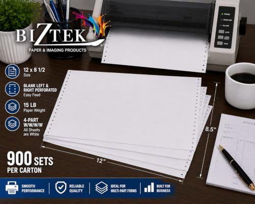 BIZTEK Continuous Carbonless Computer Paper 12 x 8 1/2, Blank Left and Right Perforated, 15 lb, 4-Part, W/W/W/W, All Sheets are White - - 900 sets