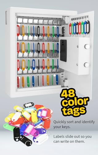 Barska 48 Position Key Cabinet with Digital Keypad Wall Mounted Security Keys Safe Key Organizer White with Adjustable Racks Key Tags