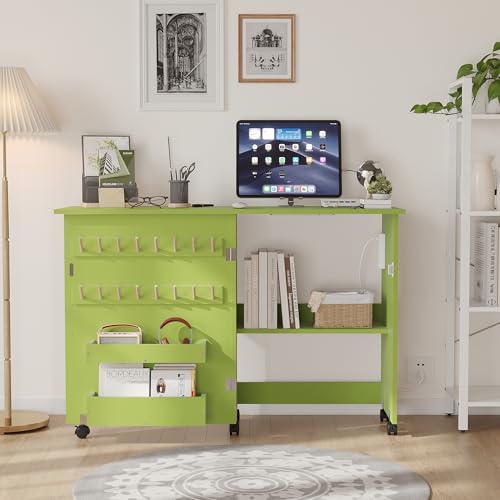 Foldable Sewing & Craft Table with Charging Station, Locking Wheels, Storage Trays & Shelf, Pegs & Magnetic Locks – Space-Saving Desk for Small Spaces