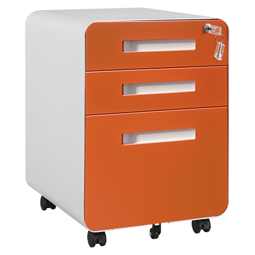 Fuhomtre 3 Drawer Lockable Mobile File Cabinet, Under Desk Metal Storage Cabinet with Wheels, Pre-Assembled, Compatible with A4/Letter/Legal Files for Home & Office,Orange