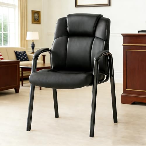 Simple Deluxe Office Guest Chair with Padded Armrests (No Wheels), Stationary Leather Reception Chair for Waiting Room, Conference Room, Lobby, Home, Desk Side & Dining, Black