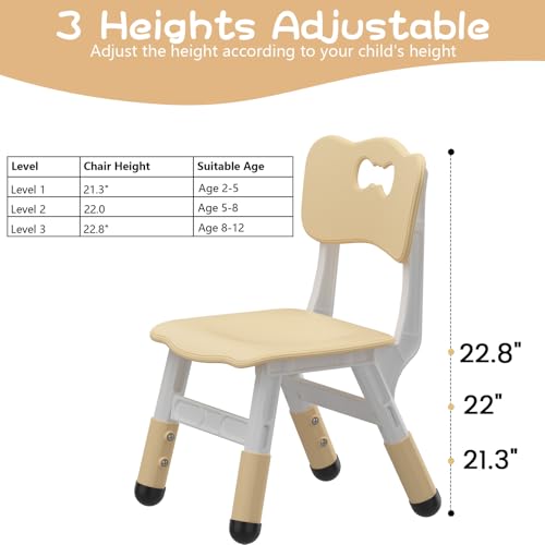 3-Level Adjustable Toddler Chair Set, 2 Pack Kids Chairs with Ergonomic Back Support, Lightweight Sturdy Plastic, 180 Lbs Capacity for Home, Classroom, Daycare Use, Yellow