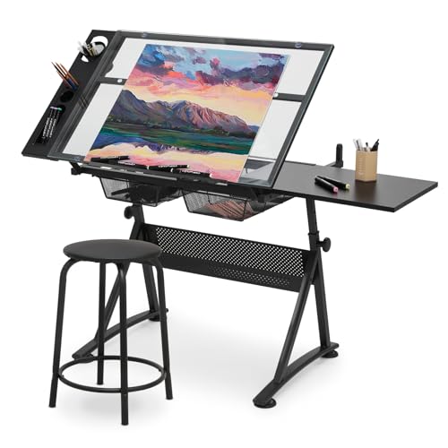 SFIHOME Drafting Table with Height Adjustable Glass Top, Drawing Table with Storage Drawers, Extendable Design, Art Desk Ideal for Drawing, Painting, Writing, Home Office, Clear Glass