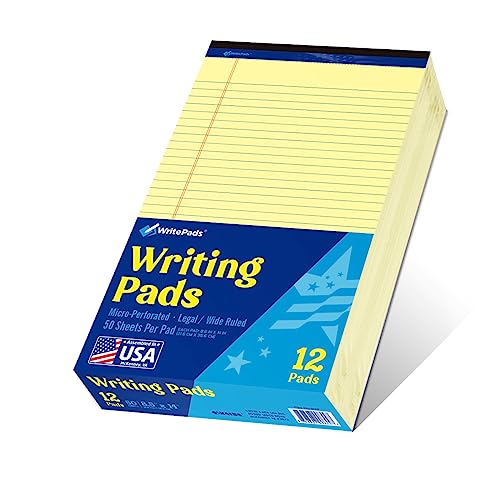 WritePads Legal note pads 8.5"x14" Legal Pads,Wide Ruled,Canary Paper,12 Pack,50 Sheets Per Writing Pad,Micro perforated Writing Pad,BL-LCY50W-12PAD