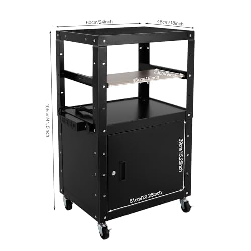 Steel Large AV Cart with Locking Cabinet, 3-Tier Mobile Printer Stand, Rolling Cart with Power Outlets and USB Ports, AV Presentation Carts for Video Projector Laptop Computer