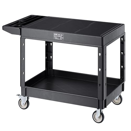 VEVOR Utility Cart, 550 lbs Load Capacity, 37 x 25.4-inch Service Cart, Two-Shelf Heavy Duty Plastic Utility Cart with 360° Swivel Wheels (2 with Brakes), Suitable for Warehouse, Garage, Cleaning
