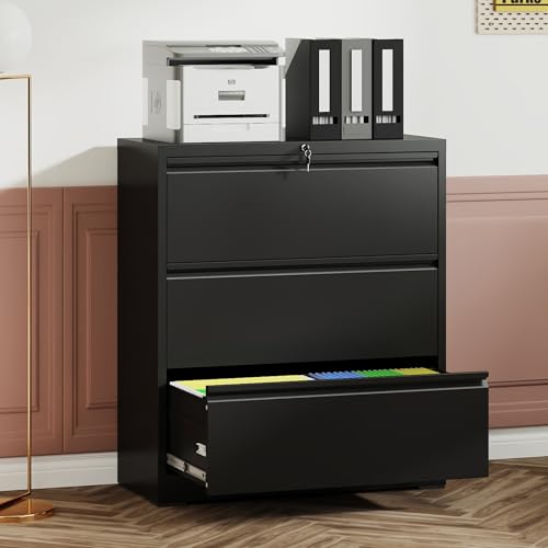 YHUBHSIS 3 Drawer File Cabinet, Metal File Cabinet with Lock, Printer Stand, Lateral File Cabinets for Home Office, Heavy Duty Office File Cabinets, A4/Letter/Legal Size, Tip-Resistant, Black