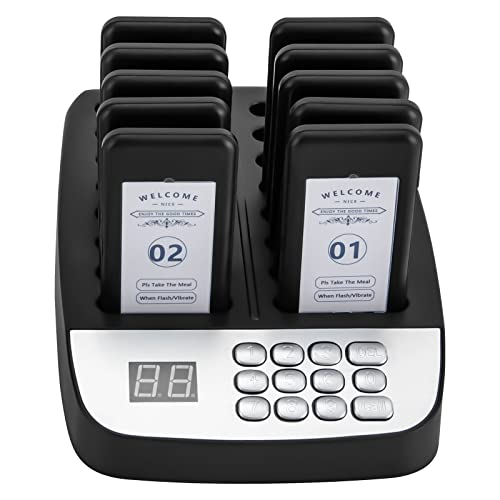 Restaurant Pager System, Wireless Guest Customer Service Calling System, 10 Pagers and 16 Charging Slots, Display Screen, Buzzer, Vibration and Flashing Modes, for Restaurant, Snack Bars