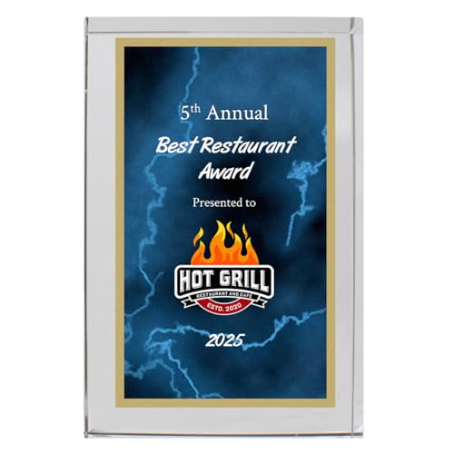 Color Printed Crystal Standing Award with Custom Text and Logo, Acrylic Plaque, Blue Red Black Green Marble Design, 6x8 or 4x6 Inch (Blue, 6 x 4")
