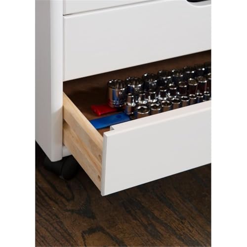Riverbay Furniture Six Drawer Wood Rolling Cart, 20.75" w x 15.13" d x 25.5" h, White Wash Finish, Wide Drawers, Contoured Handles, Mobile Storage for Office, Kitchen, Bedroom