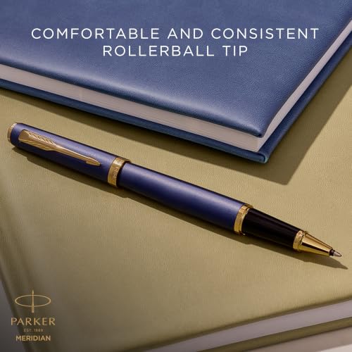PARKER Meridian Rollerball Pen | Blue Lacquer with Gold Trims | Fine Nib | Handwriting Pens & Stationery Supplies | Black Ink | Luxury Gift Box