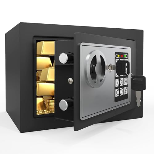 PATRON Small Safe Box for Money with Code and Keys，Solid Mini Safe for Kids with Digital Electronic Security Keypad for Home Office Hotel,Personal Money Safes for Cash,0.236 Cuft (Black)