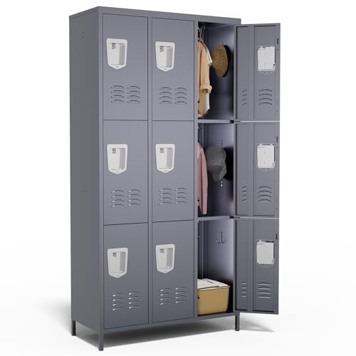 VIYET 9 Door Metal Lockers for Employees,9 Heavy-Duty Hooks,72" Secure Storage for Home,Offices,Schools & Gyms | Gray