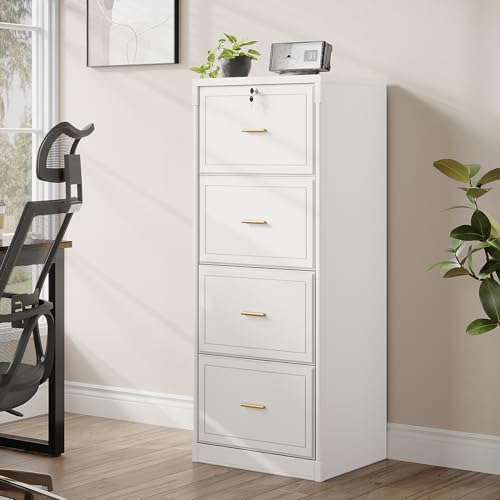 LITTLE TREE 4-Drawer File Cabinet with Lock, Large Vertical Storage Cabinet, Secure Space-Saver for Home Office, Compatible with A4/F4/Letter/Files, Filing Cabinets for Home Office (White, MDF)