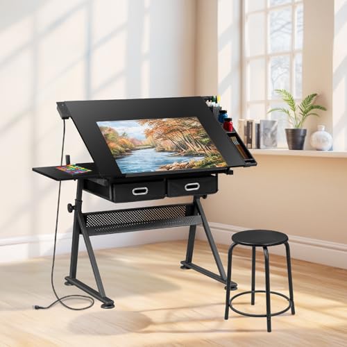 Nouva Adjustable Drafting Table Drawing Table w/Power Outlets (2AC, USB, Type-C), Multifunctional Tilting Art Craft Artists Desk w/Stool, 2 Drawer for Home Office,Black
