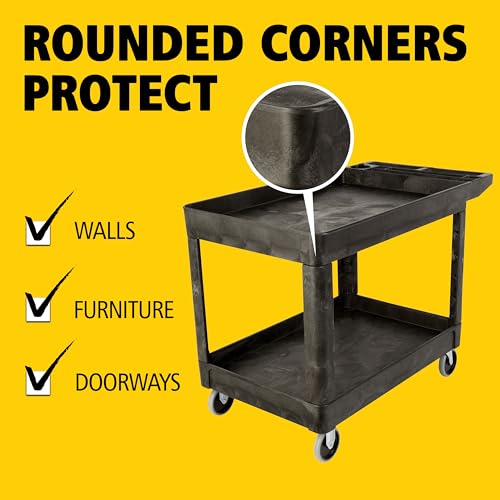 Rubbermaid Commercial Products 2-Shelf Utility/Service Cart, Medium, Black, Lipped Shelves, Ergonomic Handle, 500 lbs. Capacity, for Warehouse/Garage/Cleaning/Manufacturing