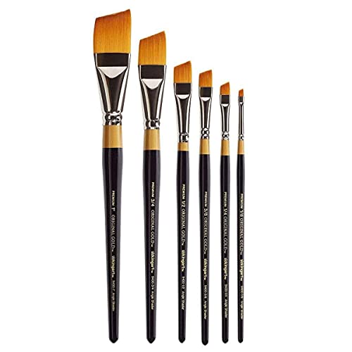 KINGART Premium 6 pc. Original Gold 9400 Series Angular Shader Artist Brush Set, Synthetic Golden Taklon Hair, Short Handle, 6 Sizes: 1/8", 1/4", 3/8", 1/2", 3/4", 1"