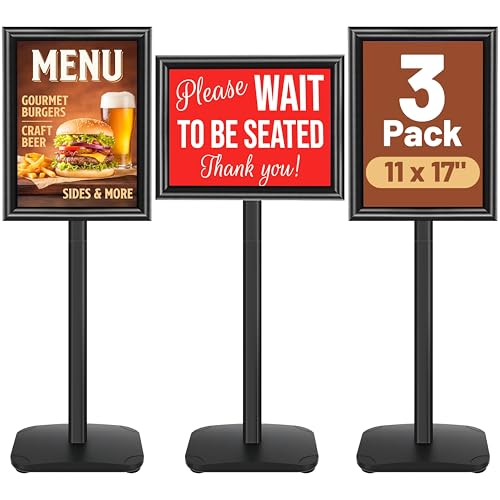 3-Pack Heavy Duty Pedestal Sign Holder Stand 11x17 Inch, Adjustable Floor Standing Sign Holder with Weighted Base, Vertical & Horizontal Menus Signage Stands for Outdoor Advertising, Posters, Black