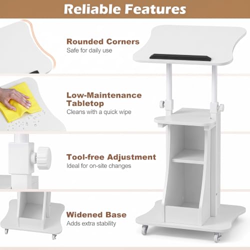 Tangkula Mobile Lectern Podium, Height Adjustable Podium Stand, Standing Sit-to-Stand Desk, Rolling Cart Laptop Desk with Swivel Top Movable Wheels & Storage