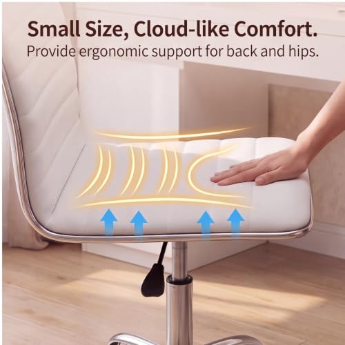 Furmax Vanity Office Desk Chair with Wheels, Armless Small Cute Leather Makeup Computer Task Chair Adjustable Height 360° Swivel (White)