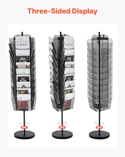VEVOR Rotating Brochure Display Rack, 30 Pockets Mesh Magazine Literature Display Stand, Portable Floor Standing Magazine Rack, Metal Newspaper Catalog Holders for Shop Exhibitions Office Trade Show
