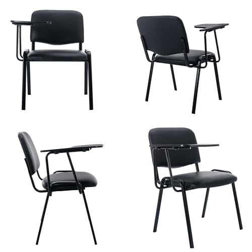 HNY Black Tablet Arm Chairs Set of 5, PU Comfort Office Waiting Room Guest Nesting Stacking Reception Chairs with Flip-Up Table Conference Chairs for School Classroom Training Meeting Room