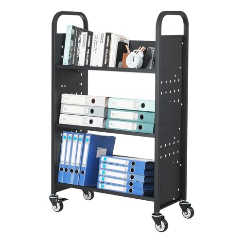 VEVOR Rolling Library Book Cart, 330 lbs Capacity, 30.3 x 15 x 48.0-Inch Library Cart, Single Sided V-Shaped Shelves with 3-Inch Lockable Wheels, Book Truck for Home Shelves Office and School, Black