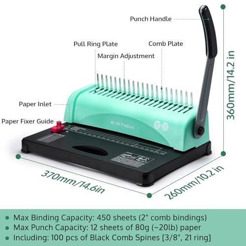 OFFNOVA Binding Machine, 21-Hole 450 Sheets Paper Comb Punch Binder Machine for Letter Size / A4 / A5 Paper, Easy to Punch Handle, Adjustable Margin