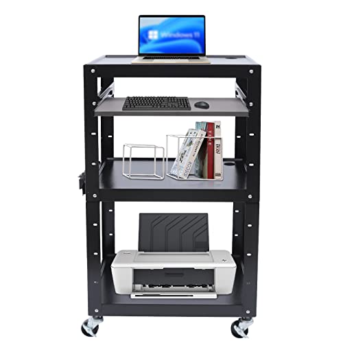 AngelcityCC Large Steel Rolling Cart with Power Strip and Drop Leaves, Mobile Standing Desk, Adjustable Computer Desk