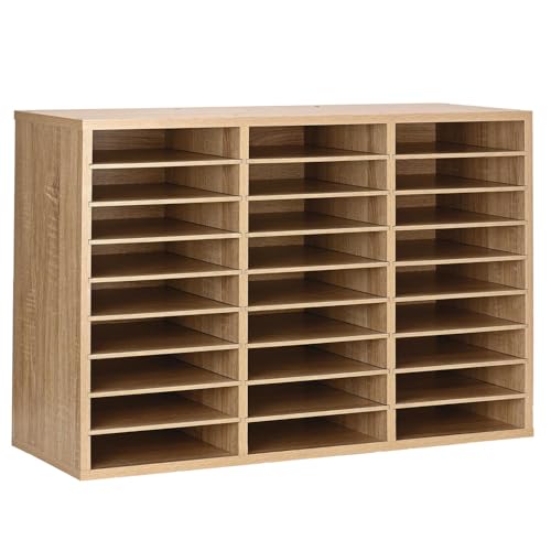 AdirOffice Classroom Mailbox - Wooden Literature Organizer, Construction Paper Storage Organizer, Mail Sorter with Slots, Office Mailboxes with Removable Shelf (27 Slot, Oak)