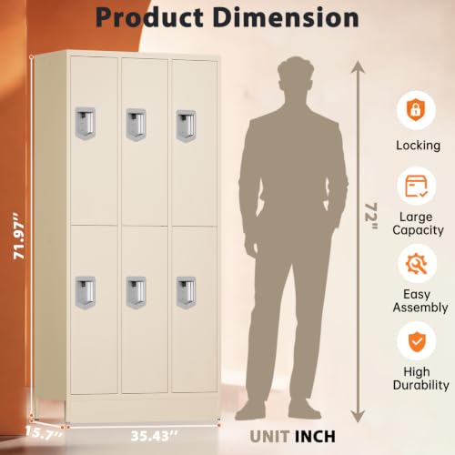 KAER 6 Door Metal Locker for Employees, Lockable Steel Locker Organizer, Heavy-Duty Storage Cabinet with Shelves and Hooks, Metal Storage Lockers for Home Office School Gym Garage, Beige