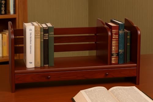 Proman Products Renaissance Desktop Red Wood Book Rack Adjustable with Drawer, 24" W x 8" D x 12" H, Reddish Walnut