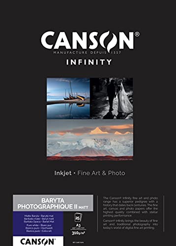 Canson Infinity Baryta Photo II Matt White Inkjet Photo Paper, 310gsm, A3, 25 Sheets, Acid-Free, Ideal for Professional Photographers
