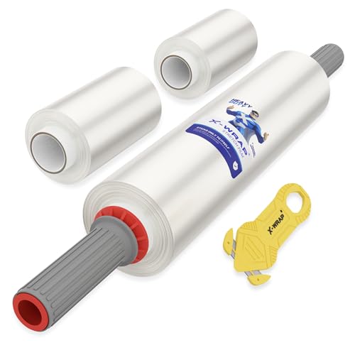 Plastic Wrap for Moving 15" x 1000 ft Stretch Wrap Kit with 2 Mini Stretch Film Rolls, Universal Handle, Safety Cutter for Furniture, Packing, Shipping & Storage